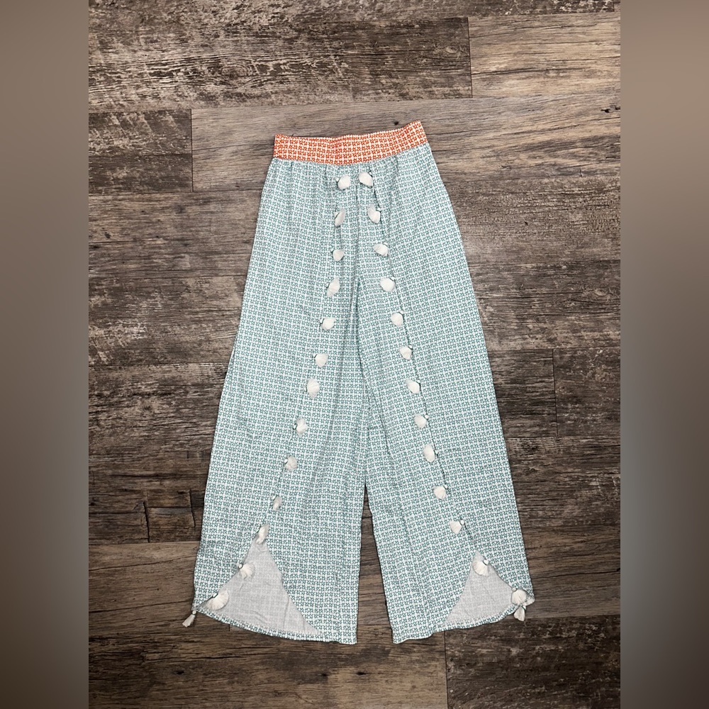 Cabana Life Aqua Coverup Pants with Coral Waistband and Tassel Trim